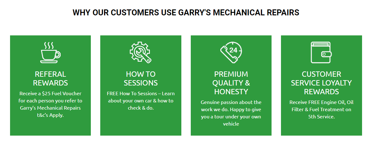 Garry Mechanical Repairs Automotive Repair Stages including hot to sessions, mechanic services, loyalty programs and referral rewards